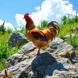 A chicken standing proudly on a large, textured rock amidst a natural outdoor setting