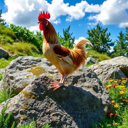 A chicken standing proudly on a large, textured rock amidst a natural outdoor setting
