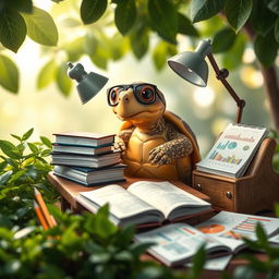 A whimsical scene of a tortoise sitting at a small wooden desk, intently studying a pile of books with reading glasses on its snout