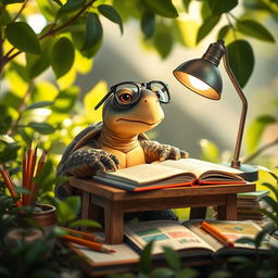 A whimsical scene of a tortoise sitting at a small wooden desk, intently studying a pile of books with reading glasses on its snout