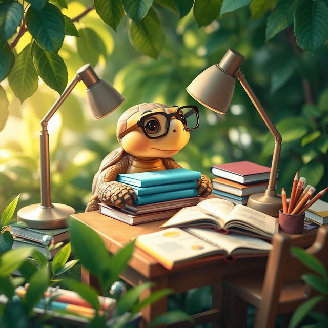 A whimsical scene of a tortoise sitting at a small wooden desk, intently studying a pile of books with reading glasses on its snout