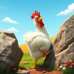A humorous scene featuring a chicken trying to wiggle free with its backside stuck between two large, rugged rocks