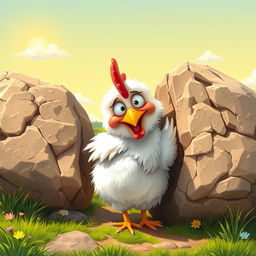 A humorous scene featuring a chicken trying to wiggle free with its backside stuck between two large, rugged rocks