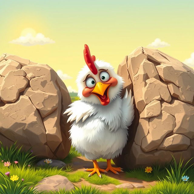 A humorous scene featuring a chicken trying to wiggle free with its backside stuck between two large, rugged rocks