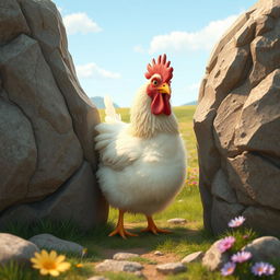 A humorous scene featuring a chicken trying to wiggle free with its backside stuck between two large, rugged rocks