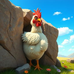 A humorous scene featuring a chicken trying to wiggle free with its backside stuck between two large, rugged rocks