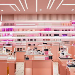 Interior of a chic cosmetics shop, filled with variety of makeup products neatly organized on contemporary display shelves. Accent predominate on metallic accents, glass counters, and blush-pink lightning.