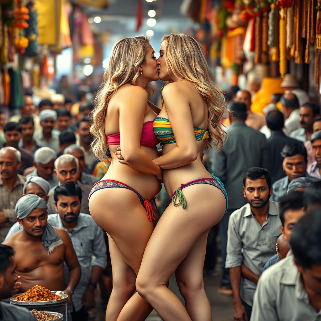 Two voluptuous blonde women with big breasts, wearing vibrant and colorful strapless string bikinis, are sharing a passionate kiss
