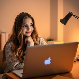 A young woman sitting in front of a laptop, her image reflected on the screen