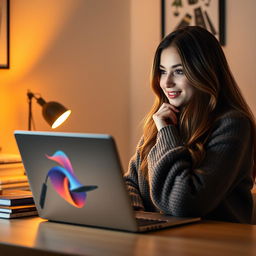 A young woman sitting in front of a laptop, her image reflected on the screen