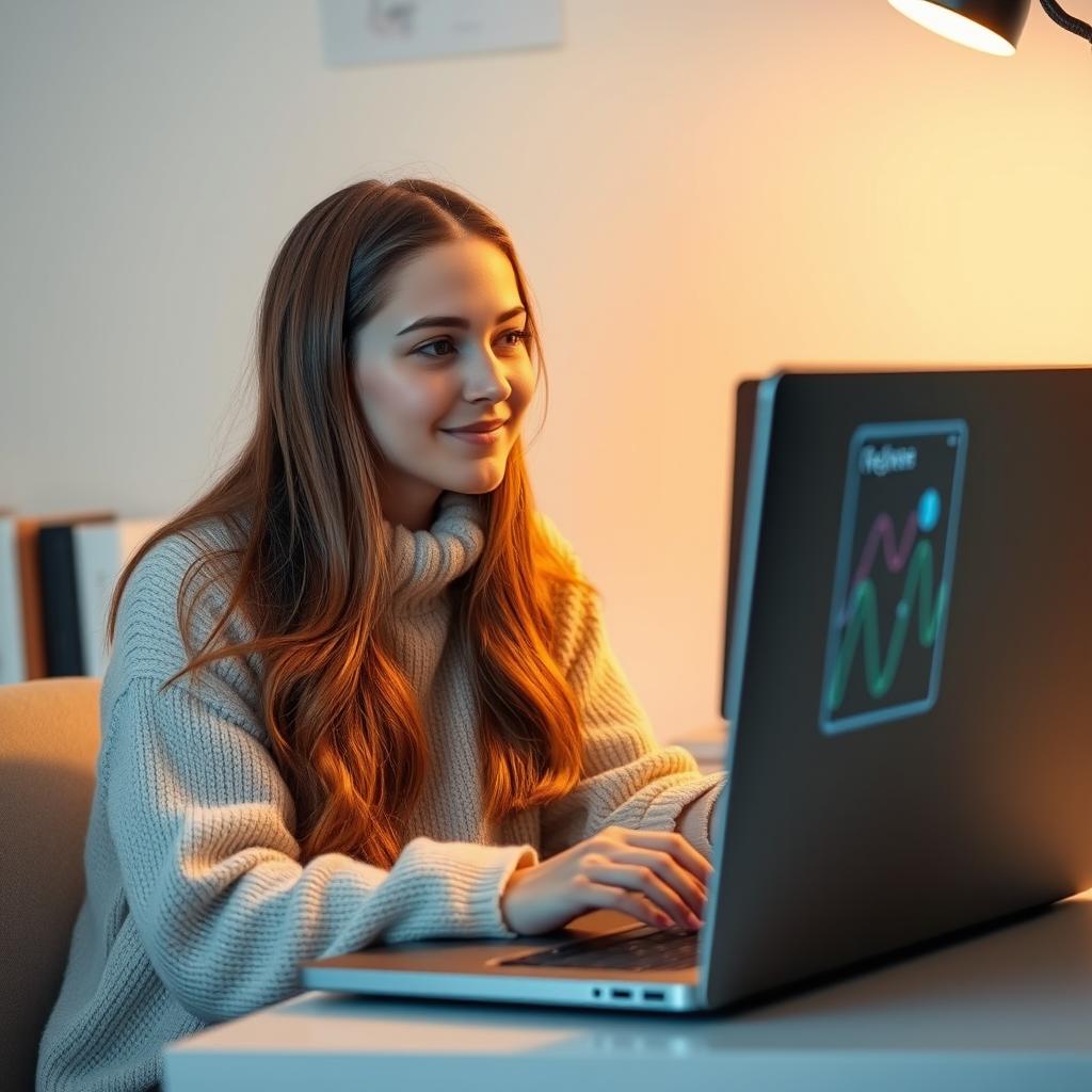 A young woman sitting in front of a laptop, her image reflected on the screen