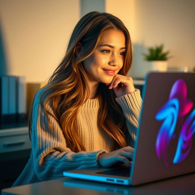 A young woman sitting in front of a laptop, her image reflected on the screen