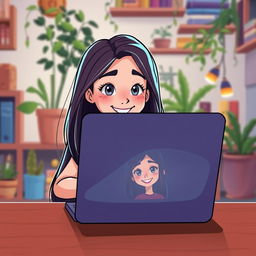 A young woman with long flowing hair sitting in front of a laptop, her image reflected on the screen, in an animated art style