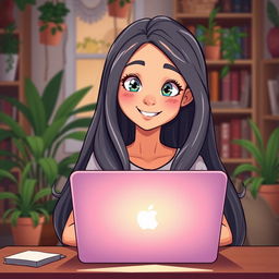 A young woman with long flowing hair sitting in front of a laptop, her image reflected on the screen, in an animated art style