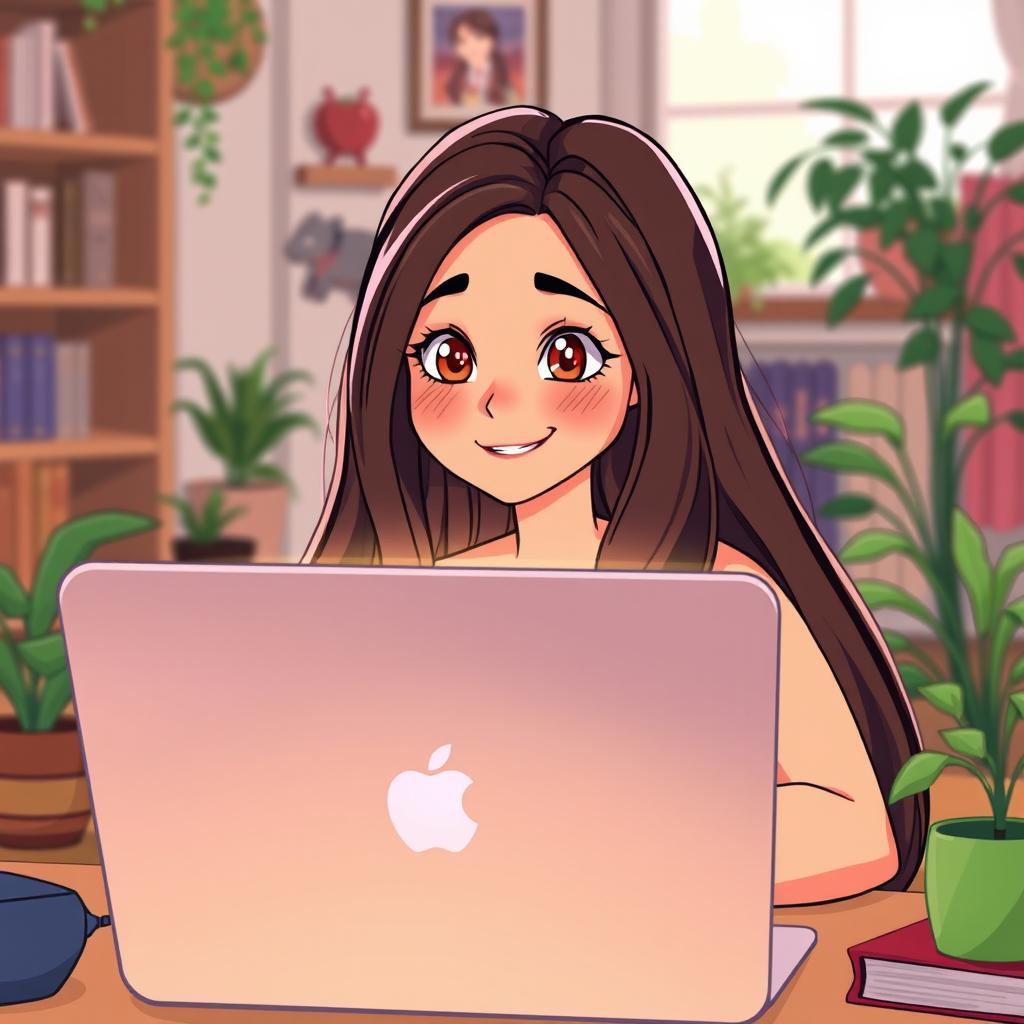 A young woman with long flowing hair sitting in front of a laptop, her image reflected on the screen, in an animated art style