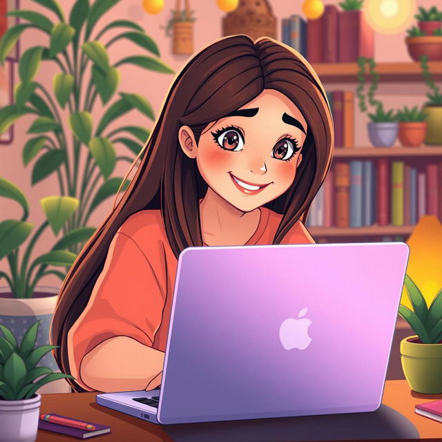 A young woman with long flowing hair sitting in front of a laptop, her image reflected on the screen, in an animated art style