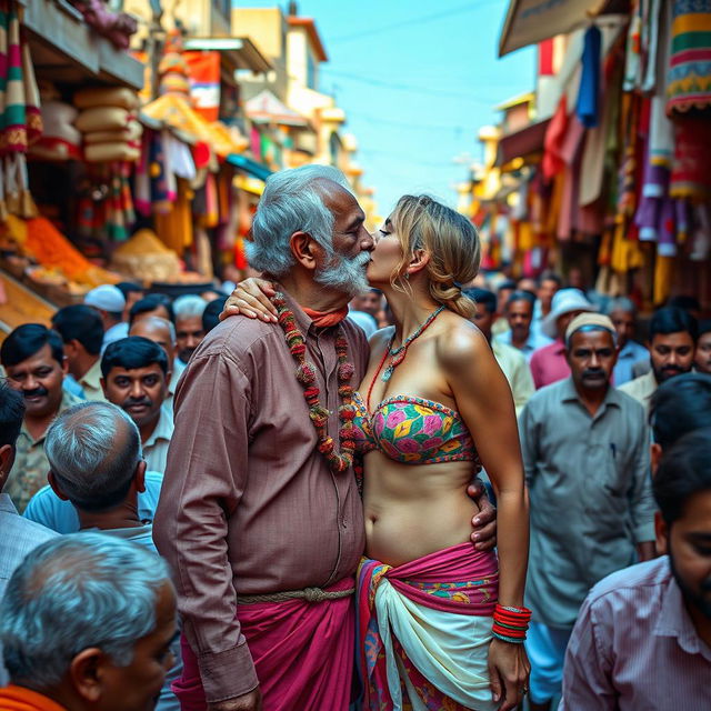 A busty blonde woman wearing a vibrant and colorful strapless bikini, passionately kissing an elderly Indian man in a bustling Indian market