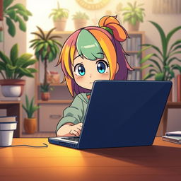 An animated scene featuring a girl sitting in front of a laptop, her image reflected on the screen