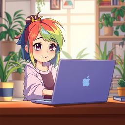 An animated scene featuring a girl sitting in front of a laptop, her image reflected on the screen