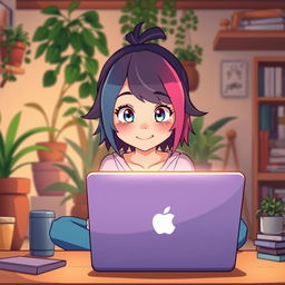 An animated scene featuring a girl sitting in front of a laptop, her image reflected on the screen
