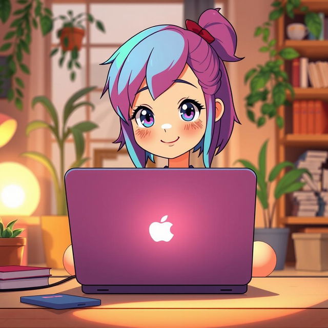 An animated scene featuring a girl sitting in front of a laptop, her image reflected on the screen