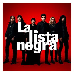 A striking visual representation for the title 'La lista negra', featuring figures dressed in black against a vibrant red background
