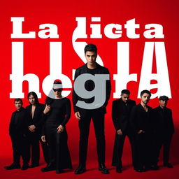 A striking visual representation for the title 'La lista negra', featuring figures dressed in black against a vibrant red background