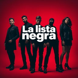 A striking visual representation for the title 'La lista negra', featuring figures dressed in black against a vibrant red background