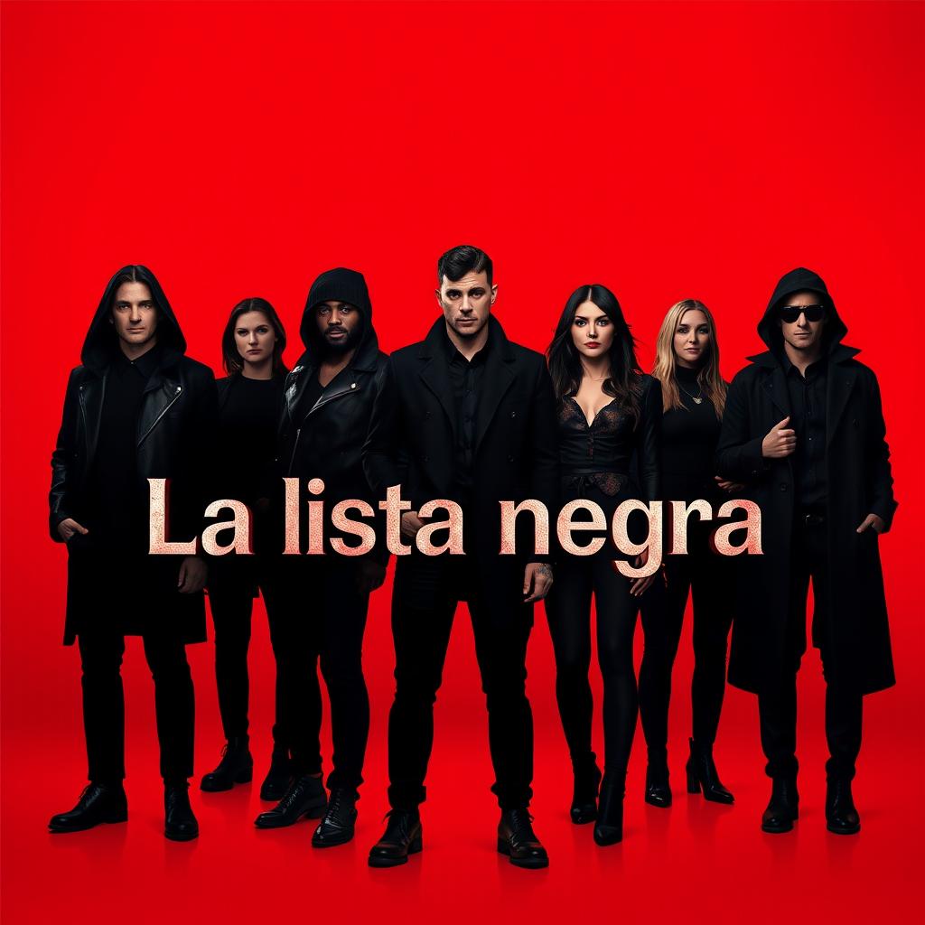 A striking visual representation for the title 'La lista negra', featuring figures dressed in black against a vibrant red background