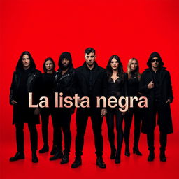 A striking visual representation for the title 'La lista negra', featuring figures dressed in black against a vibrant red background