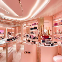 Interior of a chic cosmetics shop, filled with variety of makeup products neatly organized on contemporary display shelves. Accent predominate on metallic accents, glass counters, and blush-pink lightning.