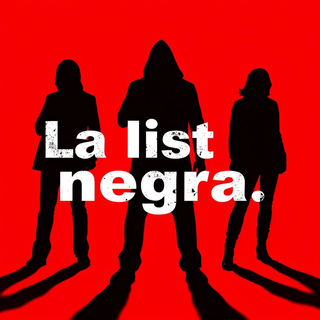 A visually engaging representation for 'La lista negra', featuring the shadows of 3 or 4 figures against a vibrant red background