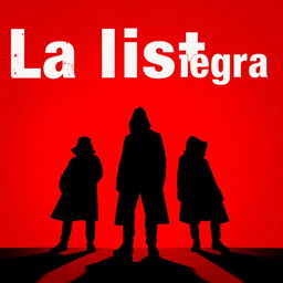 A visually engaging representation for 'La lista negra', featuring the shadows of 3 or 4 figures against a vibrant red background