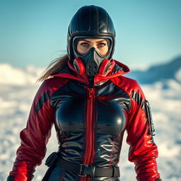 A hot woman stands boldly in a snowy landscape, dressed in a form-fitting black and red shiny arctic immersion suit that perfectly contours her figure