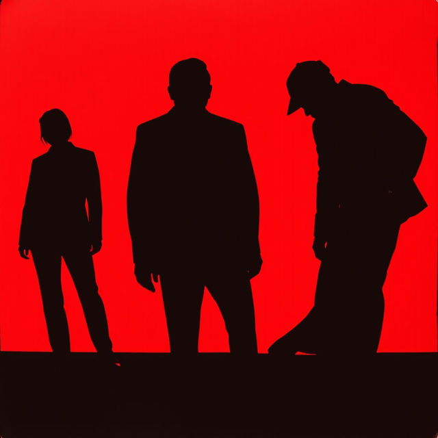 A visually striking depiction for 'La lista negra', showcasing the shadows of 3 or 4 individuals against a vivid red background