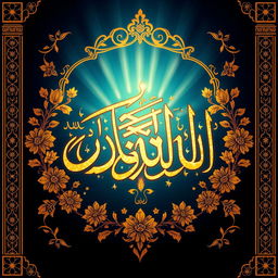A beautifully illuminated and intricate calligraphy artwork depicting the name of the Prophet Muhammad in traditional Arabic script, surrounded by floral patterns and geometric designs typical of Islamic art