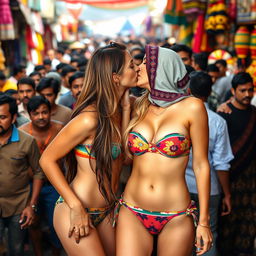 A scene in a vibrant Indian market featuring two attractive women: one is a busty blonde with a toned body wearing a colorful strapless bikini, and the other is a beautiful Arab brunette, also in a colorful strapless bikini