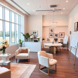 An elegant modern office designed for wedding services, featuring a bright and airy atmosphere with large windows allowing natural light to flood in