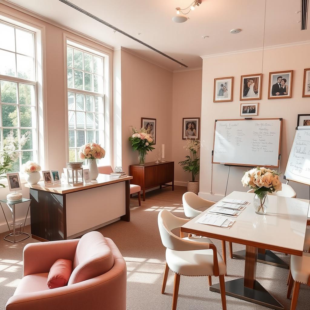 An elegant modern office designed for wedding services, featuring a bright and airy atmosphere with large windows allowing natural light to flood in