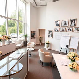 An elegant modern office designed for wedding services, featuring a bright and airy atmosphere with large windows allowing natural light to flood in
