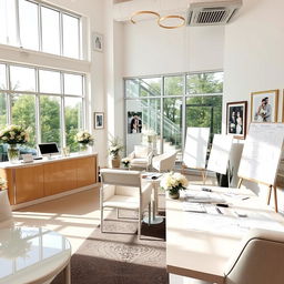 An elegant modern office designed for wedding services, featuring a bright and airy atmosphere with large windows allowing natural light to flood in