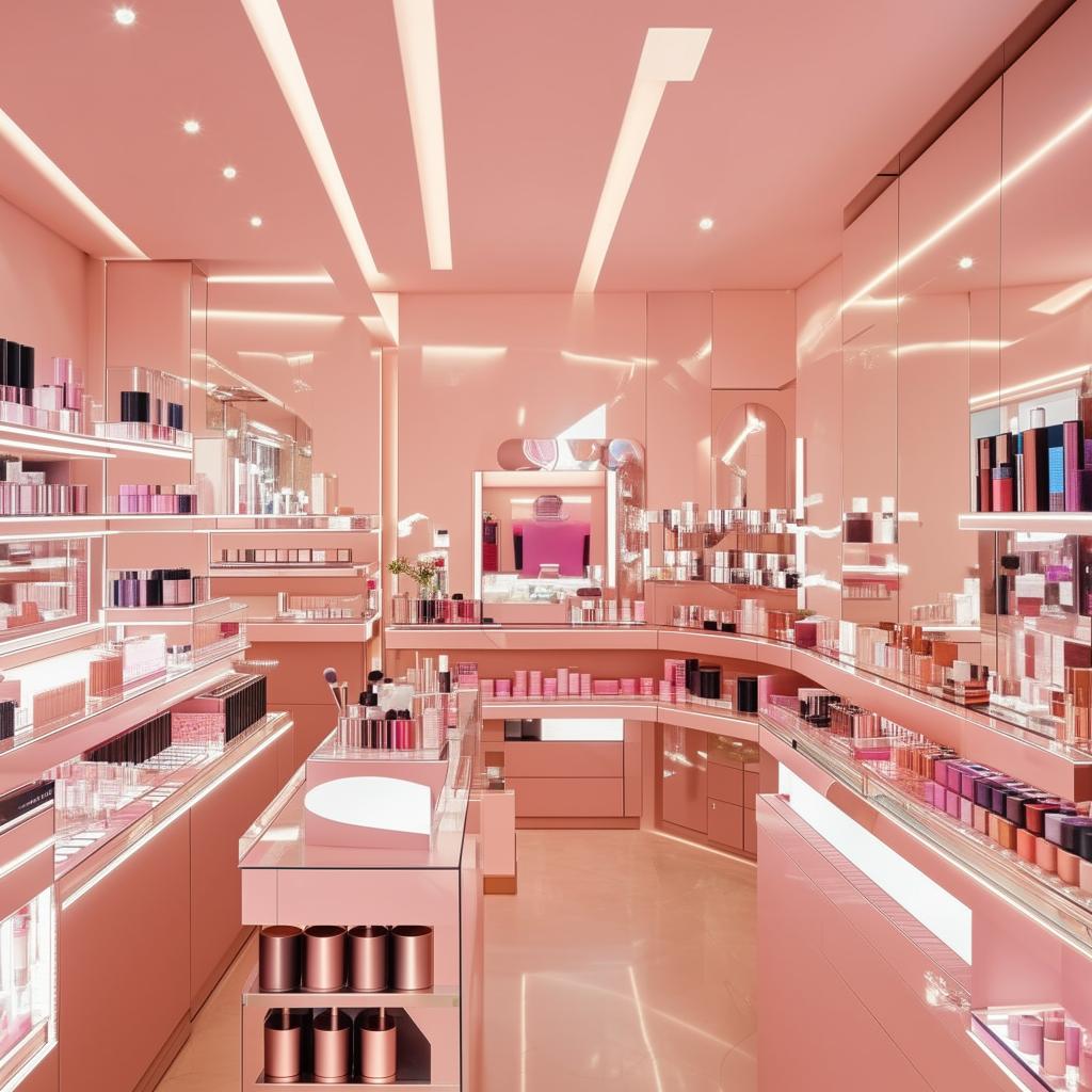 Interior of a chic cosmetics shop, filled with variety of makeup products neatly organized on contemporary display shelves. Accent predominate on metallic accents, glass counters, and blush-pink lightning.