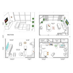 Detailed blueprints of a modern wedding services office, showcasing a well-organized layout