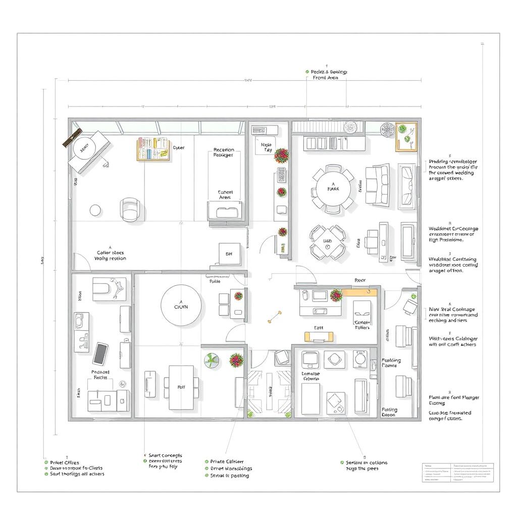 Detailed blueprints of a modern wedding services office, showcasing a well-organized layout