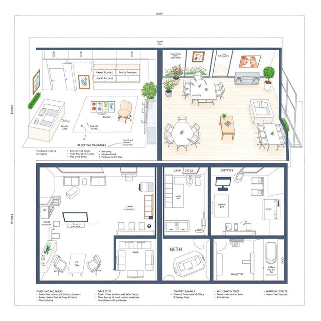 Detailed blueprints of a modern wedding services office, showcasing a well-organized layout