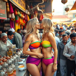 Two attractive, fit blonde women in colorful strapless bikinis, passionately kissing each other at a bustling tea stall in a vibrant Indian village market