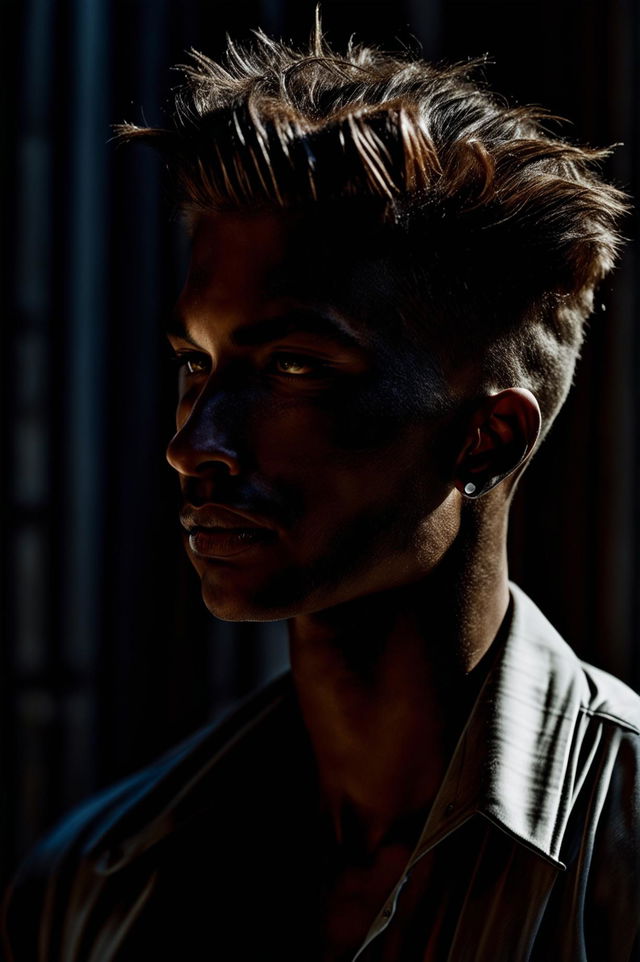 This is a 32k HD editorial photograph of a male model with a trendy bursts fade haircut