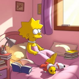 Lisa Simpson, character from The Simpsons, sitting on her bed in a cozy bedroom, surrounded by her favorite books, a small lamp glowing on the bedside table, soft pastel colors on the walls, the iconic bright yellow skin and spiky hair distinctively portrayed, a thoughtful expression on her face as she gazes out of the window, with plush toys scattered on the bed and sunlight streaming in, creating a warm atmosphere
