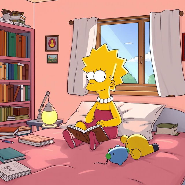 Lisa Simpson, character from The Simpsons, sitting on her bed in a cozy bedroom, surrounded by her favorite books, a small lamp glowing on the bedside table, soft pastel colors on the walls, the iconic bright yellow skin and spiky hair distinctively portrayed, a thoughtful expression on her face as she gazes out of the window, with plush toys scattered on the bed and sunlight streaming in, creating a warm atmosphere