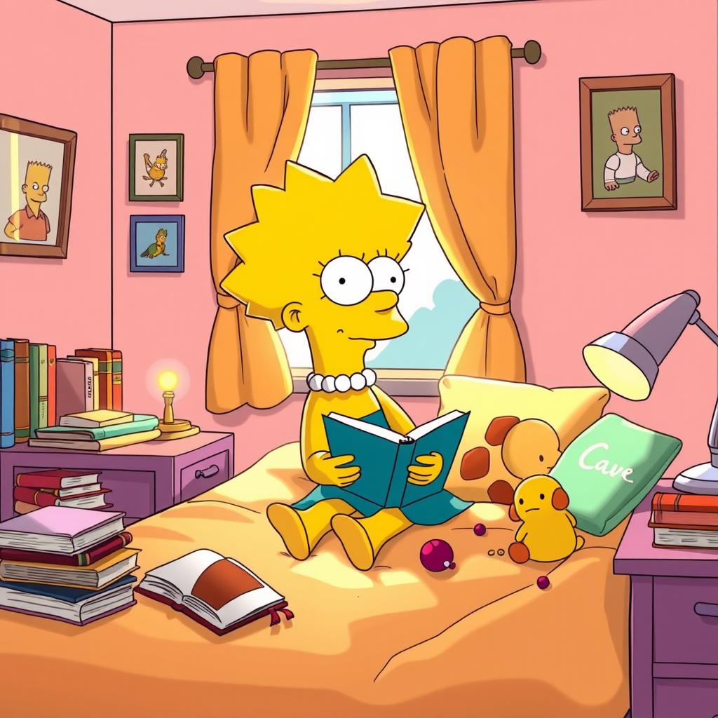 Lisa Simpson, character from The Simpsons, sitting on her bed in a cozy bedroom, surrounded by her favorite books, a small lamp glowing on the bedside table, soft pastel colors on the walls, the iconic bright yellow skin and spiky hair distinctively portrayed, a thoughtful expression on her face as she gazes out of the window, with plush toys scattered on the bed and sunlight streaming in, creating a warm atmosphere